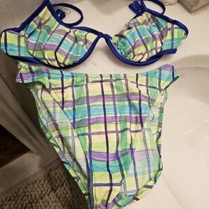 Junior's 9/10 Unite Blue Green Plaid Swimsuit